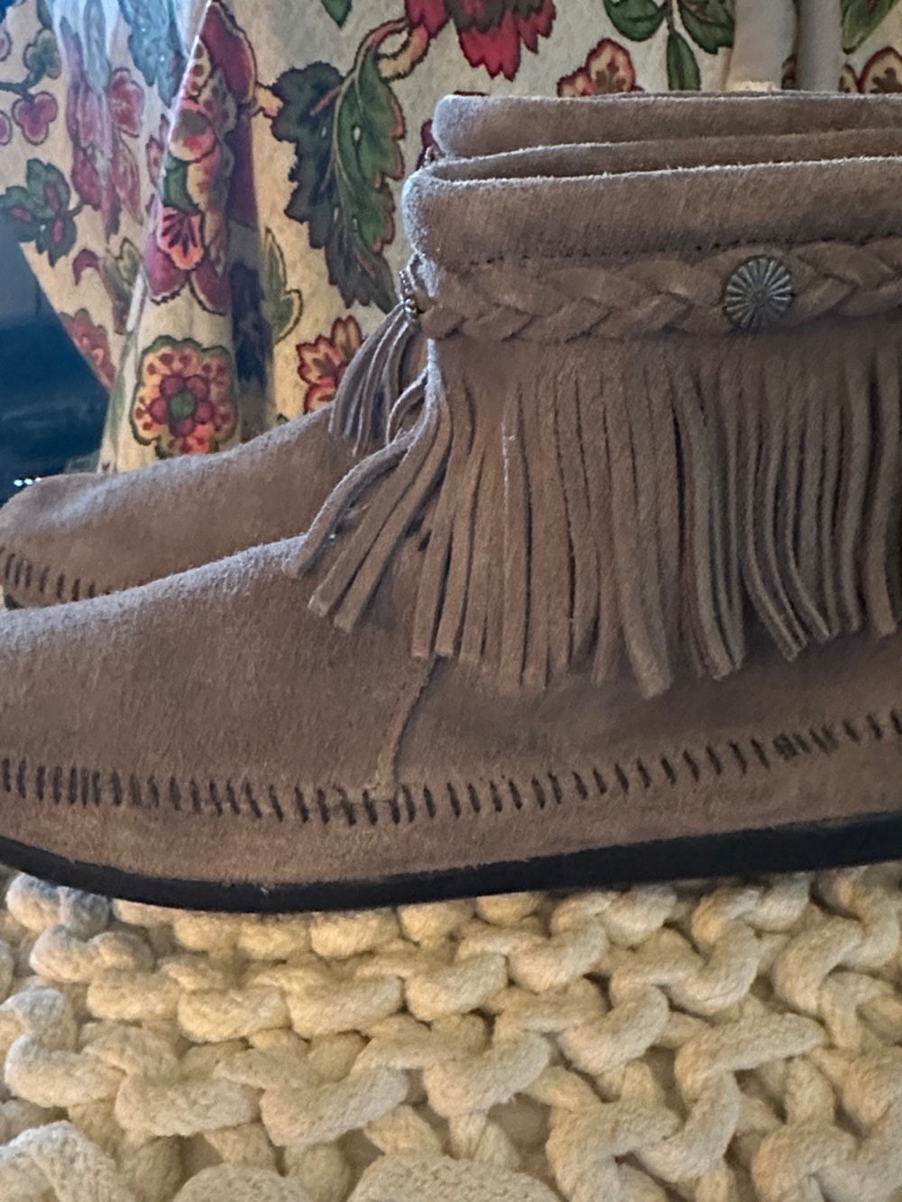 Minnetonka Gray Suede Fringe Moccasins with Braided Ankle and Concho Accent